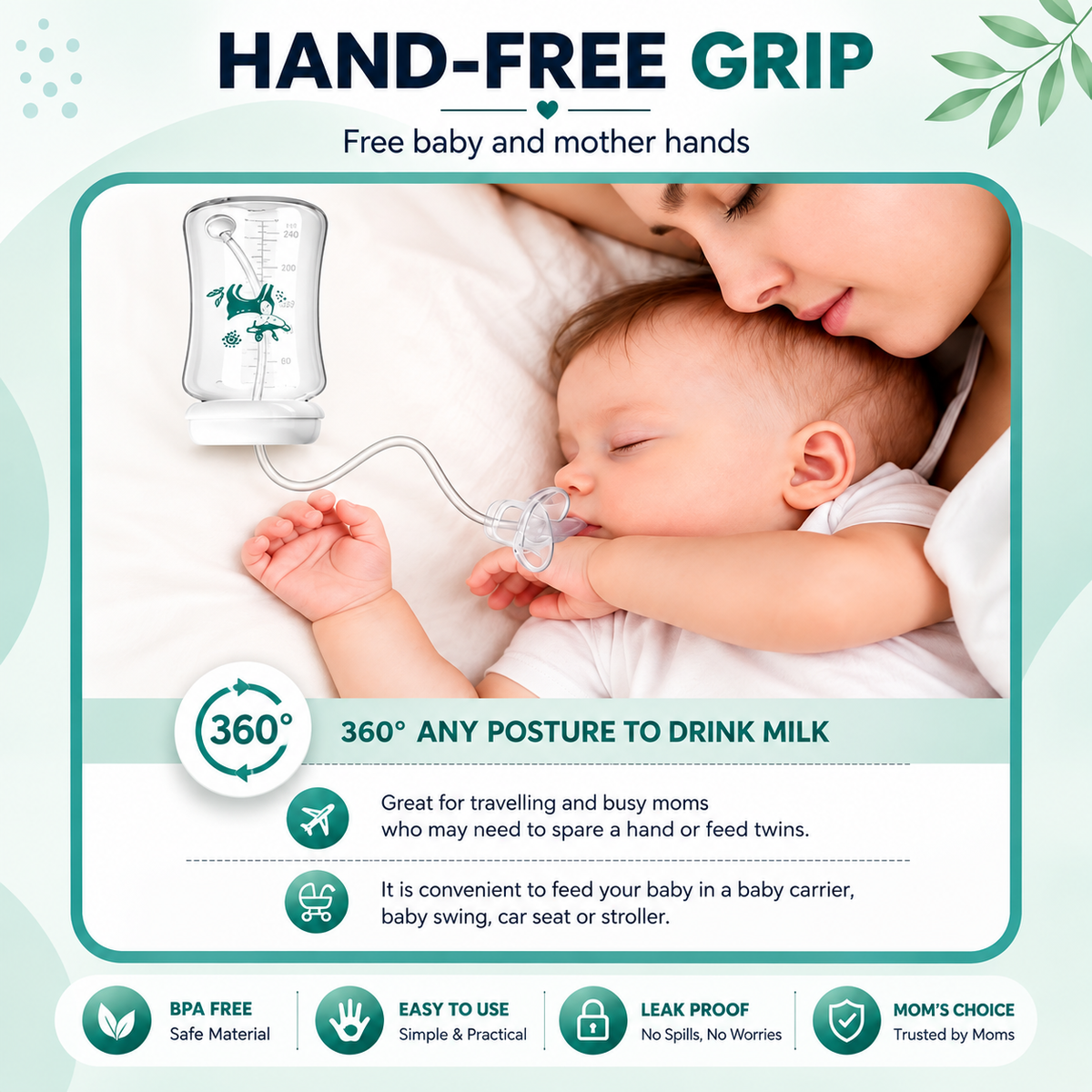 Hands-Free Baby Feeding Bottle with Soft Silicone Nipple | 240ml