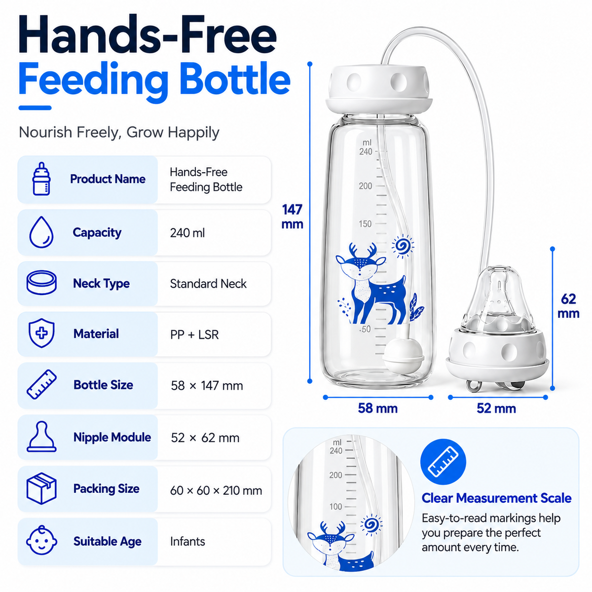 Hands-Free Baby Feeding Bottle with Soft Silicone Nipple | 240ml