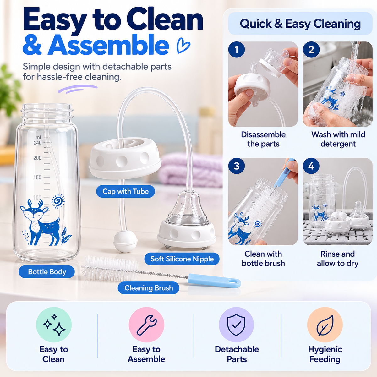Hands-Free Baby Feeding Bottle with Soft Silicone Nipple | 240ml